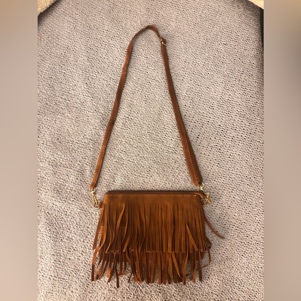 Leather Fringe Crossbody Bag in Brown with gold tone accents